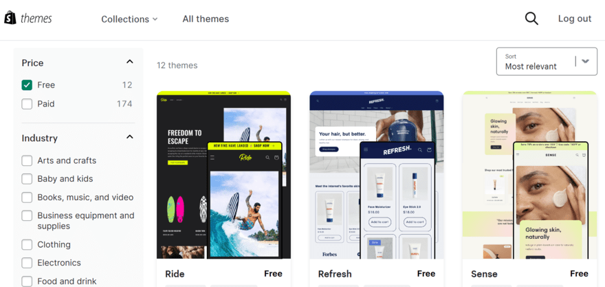 selection of free shopify templates in the templat Selection of free Shopify templates in the template library